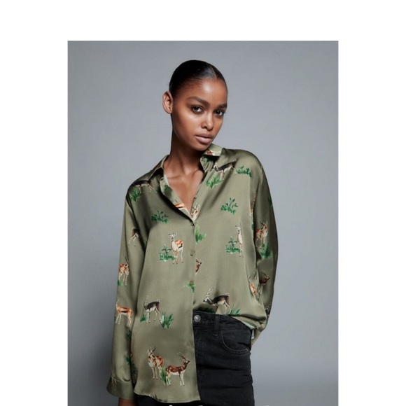 Zara Green Deer Satin Shirt Anthropologie Free People J Crew Bloggers Fave NWT M - Picture 3 of 16